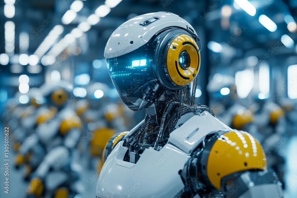 Poster Advanced humanoid robot stands in a futuristic factory filled with similar robots, showcasing innovative technology and design
