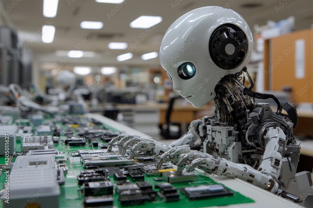 Poster robots assembling circuit boards in a modern electronics lab with bright overhead lighting