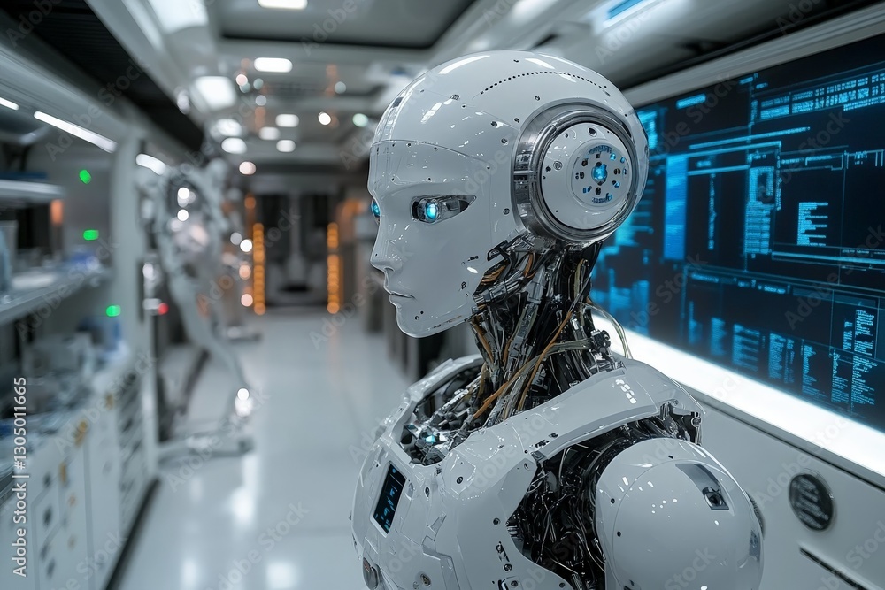Aufkleber Humanoid robot in a futuristic laboratory with advanced technology and sleek design