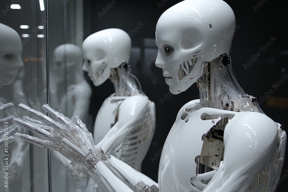 Aufkleber robotic humanoid exhibits advanced technology in science center display at night