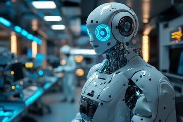 Innovative humanoid robot with glowing features in a futuristic laboratory setting during a technology demonstration