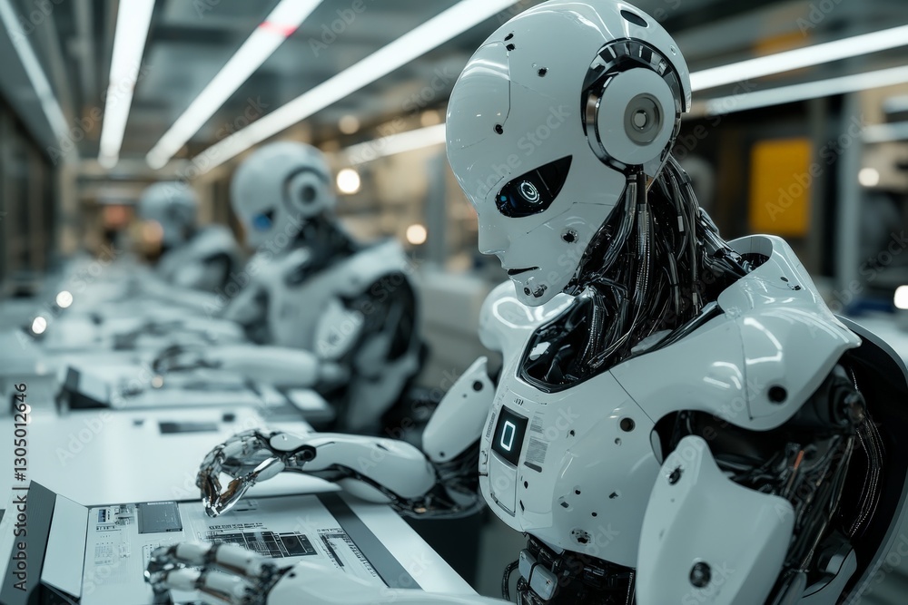 Poster advanced robots engaged in meticulous tasks within a modern manufacturing facility during daytime op