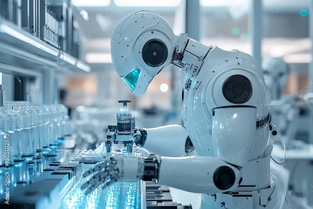 Poster robotic assistant working in a modern laboratory conducting research experiments with precision and 