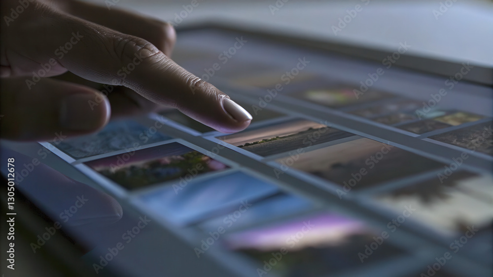 Poster close up of fingers swiping across touchscreen displaying images, showcasing interaction with techno
