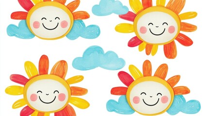 Cute Suns in Clouds - Children's Art