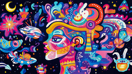 Obraz premium Psychedelic Portrait: A dreamscape of color and form, a surreal painting of a woman in a cosmically charged imaginative landscape