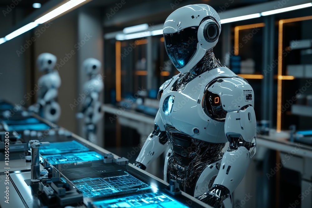 Poster Advanced robots working with futuristic technology in a high-tech lab during a research demonstration