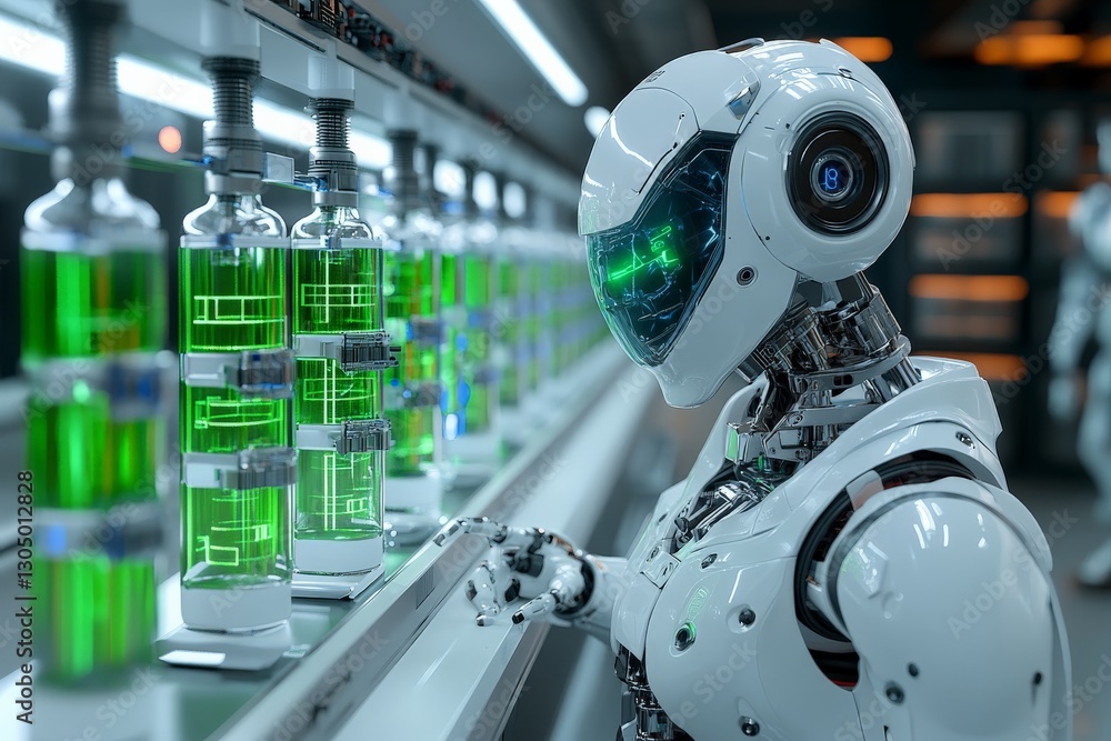 Poster robotic entity interacting with glowing green vials in a futuristic laboratory environment