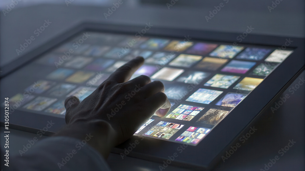 Poster person interacting with touchscreen display, exploring images and content. hand movement suggests en