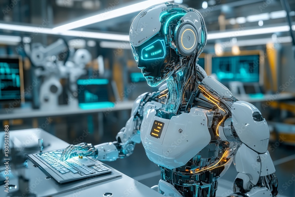 Poster Robot working at a futuristic computer station in a high-tech laboratory setting