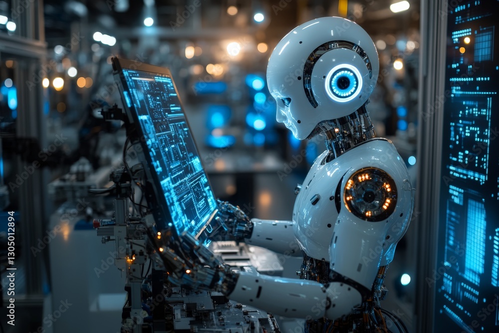 Poster futuristic robot interacting with advanced technology in a high-tech laboratory environment