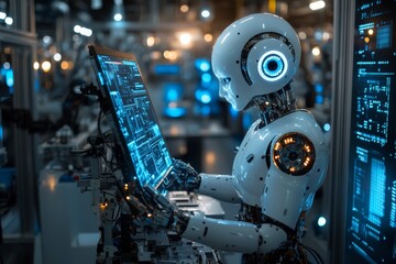 Fototapeta premium Futuristic robot interacting with advanced technology in a high-tech laboratory environment