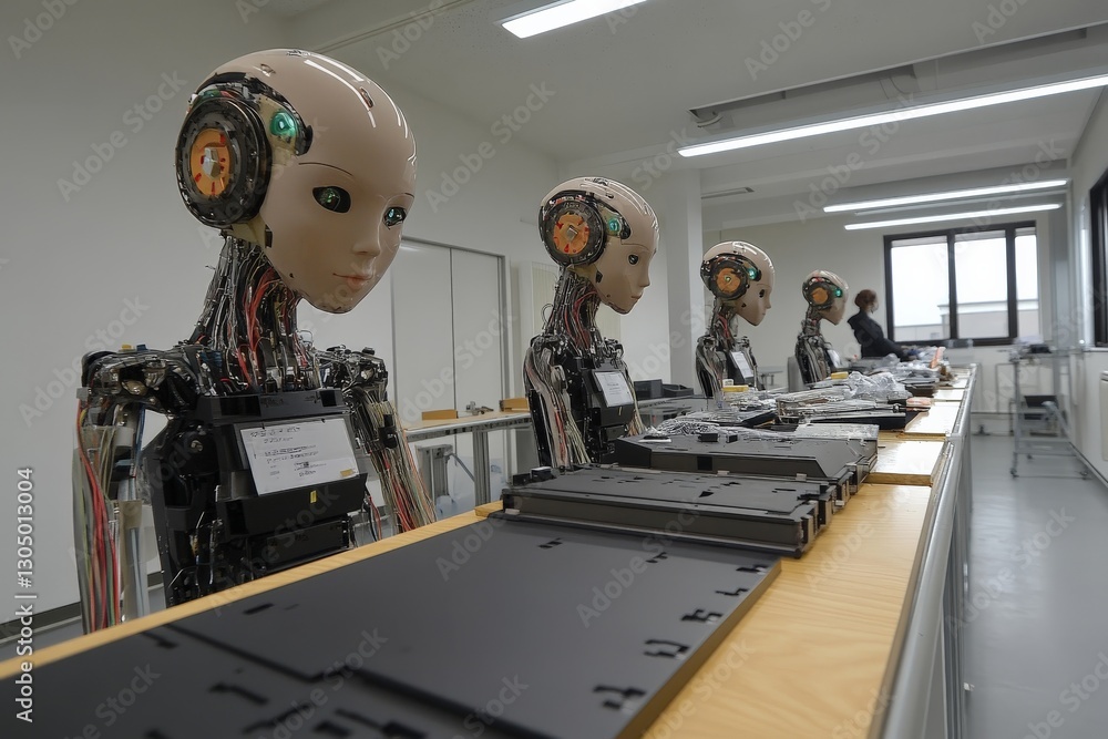 Poster robots lined up in a modern workspace engaging in assembly tasks during a technology demonstration