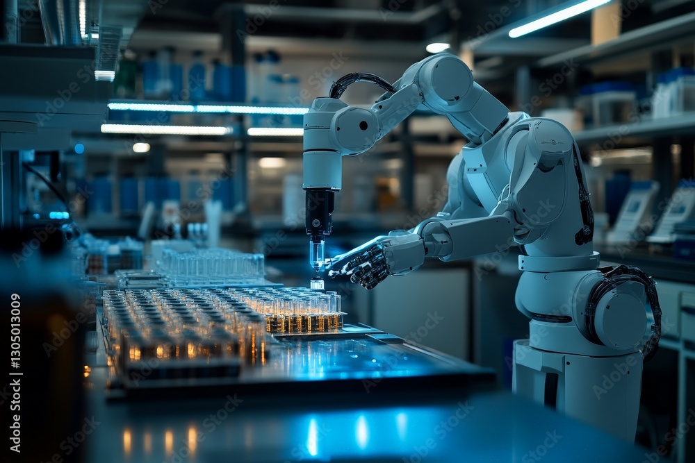 Aufkleber Advanced robotic arm conducting experiments in a high-tech laboratory during evening hours