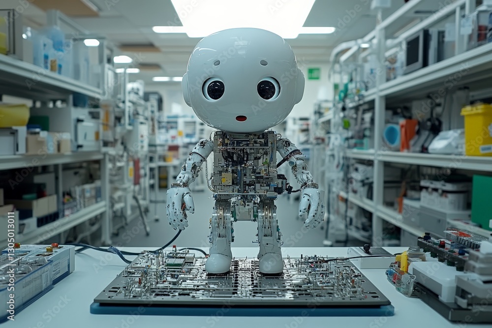 Fototapete Advanced robot standing in a technology lab surrounded by circuit boards and equipment