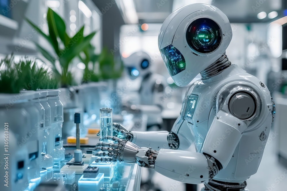 Poster Robots conducting experiments in a futuristic laboratory during a busy research session