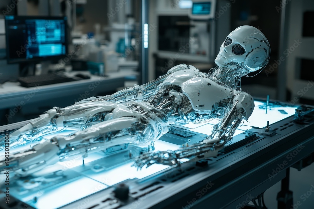 Aufkleber Futuristic robotic model displayed in a laboratory setting during evening hours