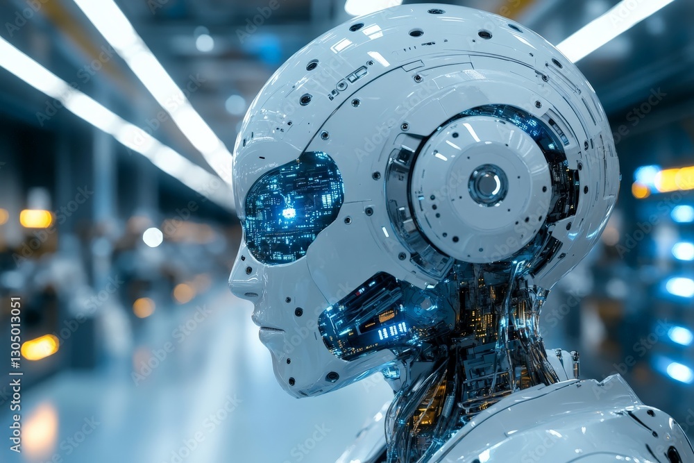 Poster Futuristic humanoid robot design in a high-tech facility showcasing advanced technology and robotic features