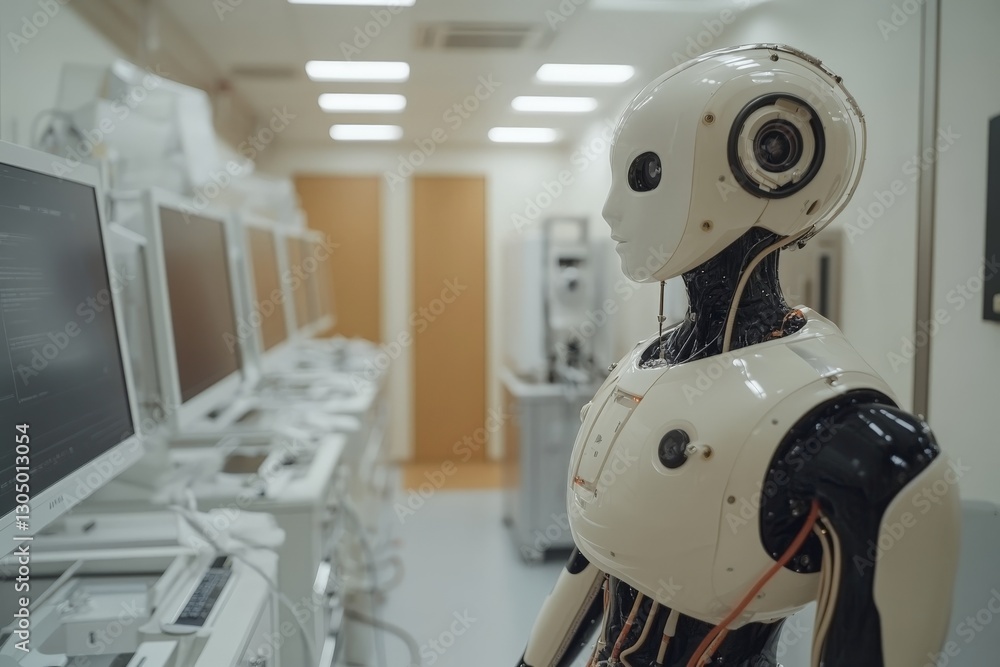 Aufkleber Robot standing in a modern laboratory filled with computers and advanced equipment