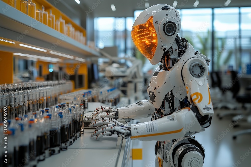 Poster robot conducting experiments in a modern laboratory setting with various equipment and liquid sample