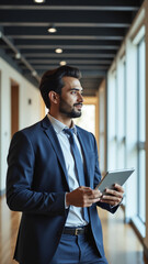 Fototapeta premium Confident Indian business man leader looking aside walking in office. Busy professional businessman going in hallway holding digital tablet thinking of work plan using tab computer