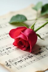 A single red rose rests gently upon aged musical sheet music, a tender symbol of love and melodic beauty.