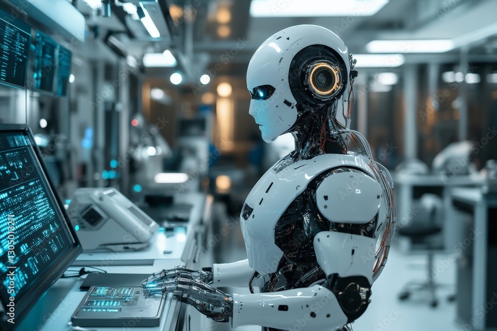 Fototapete Advanced humanoid robot interacts with computer in a modern laboratory setting during daylight hours