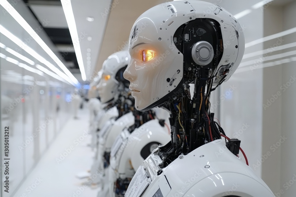 Poster robots displayed in a modern technology exhibition at a conference center showcasing artificial inte