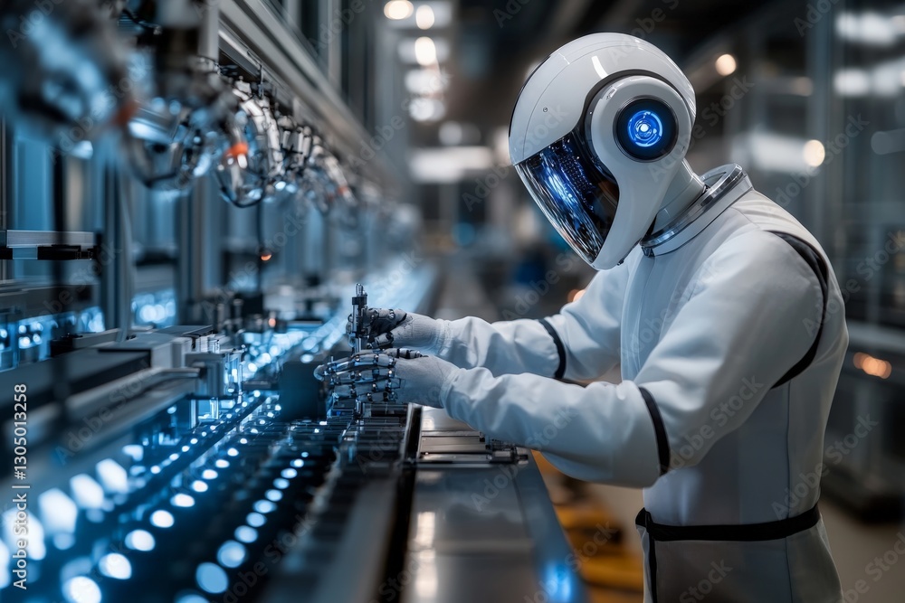 Poster advanced robot working on production line in modern factory at night showcasing robotics technology