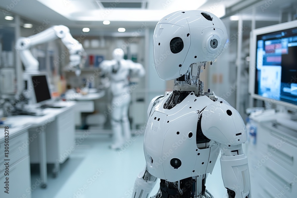 Poster advanced humanoid robots in a modern research lab showcasing robotics development and innovation