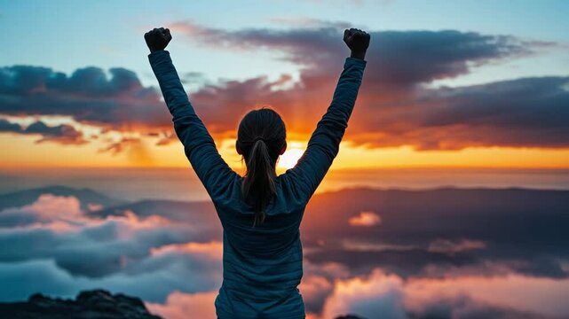 Victory at Dawn:  A woman stands with arms raised in triumph, silhouetted against a fiery sunrise, her back to the viewer, a powerful image of achieving goals, overcoming challenges.