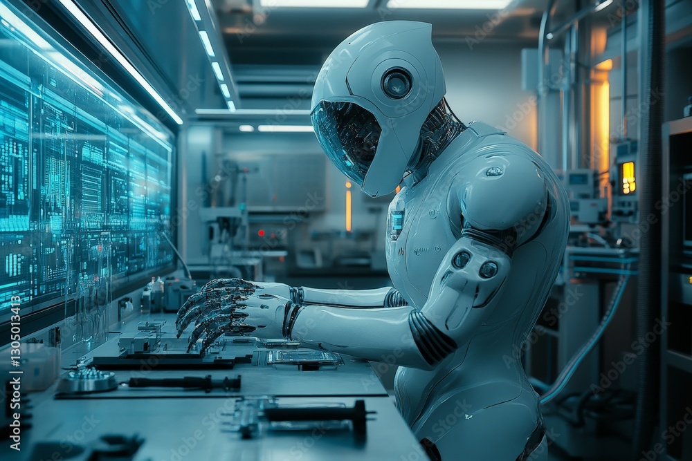 Poster Advanced robot working in a futuristic laboratory during a night shift focused on data analysis and technology development
