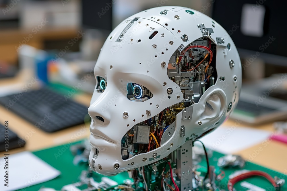 Poster robotic head with exposed circuitry and components in a tech workshop during daytime hours