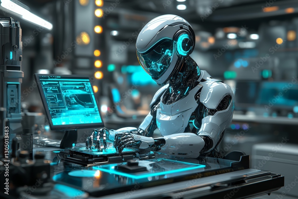 Poster futuristic robot engaged in advanced computing tasks in a high-tech laboratory during a bright, illu