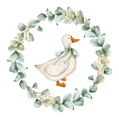 Watercolor illustration card with goose in bow, eucalyptus wreath, flowers. Isolated on white background. Hand drawn clipart. Perfect for card, postcard, tags, invitation, printing, wrapping. © Karina Martirosova