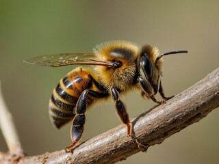 Macro Photography Close-Up of Honey Bee on Branch - Insect, Nature & Pollinator Insights
