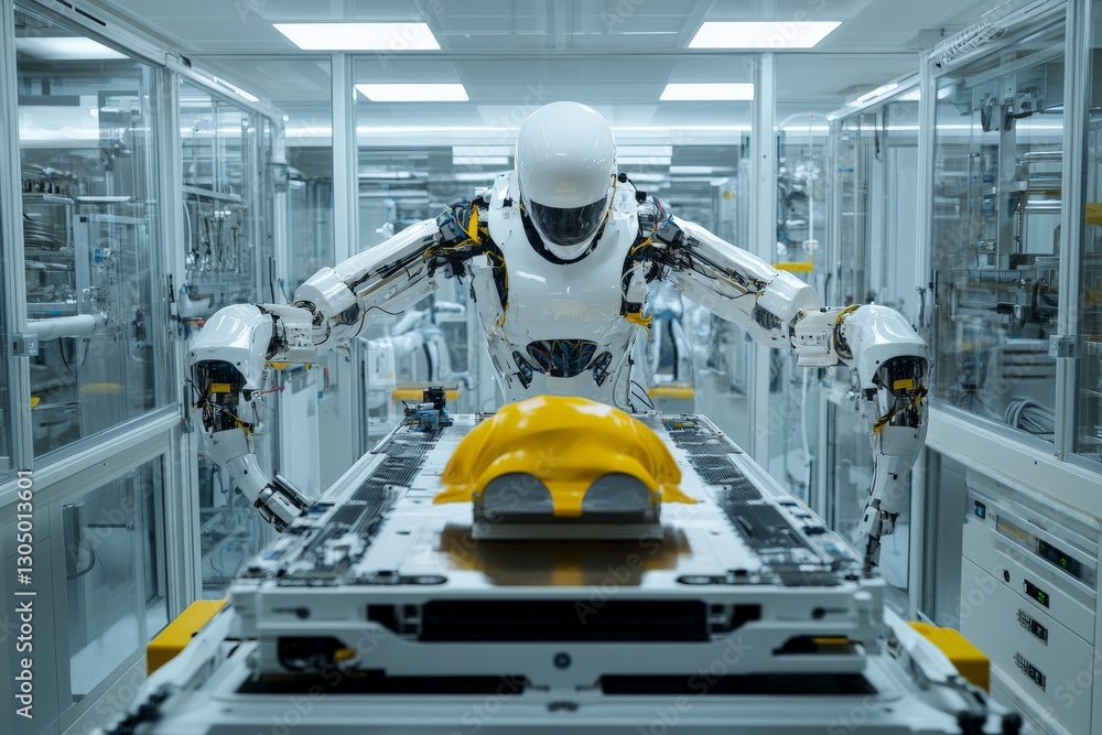 Poster robotic arm assembles components in a modern manufacturing facility during daytime operations