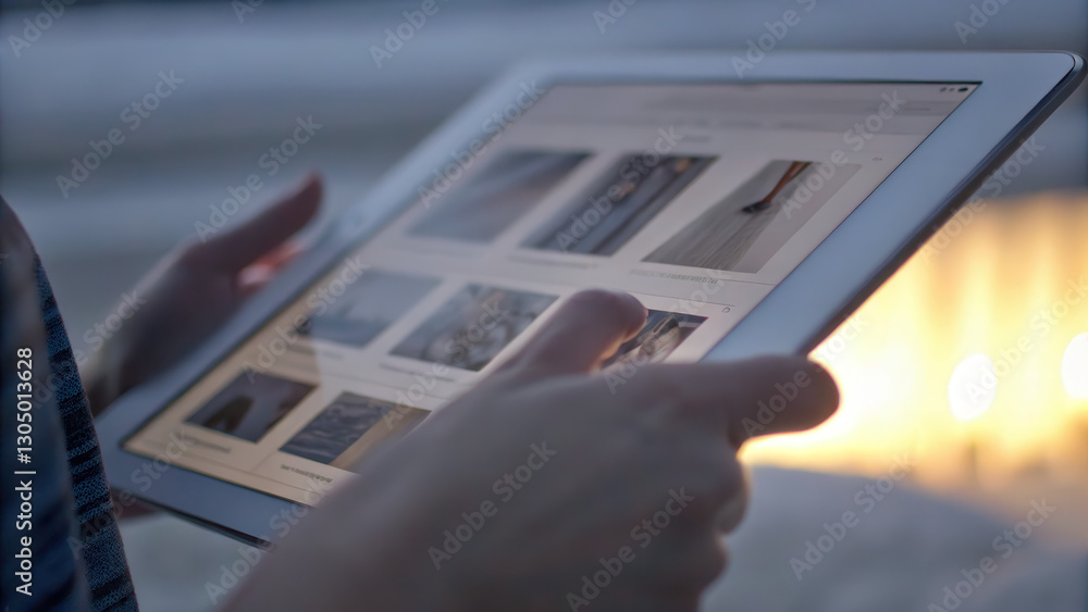 Poster person using tablet to browse images in cozy setting, illuminated by soft light