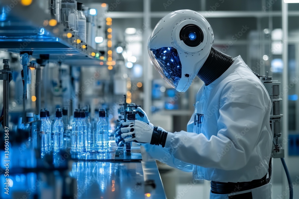 Poster robotic scientist working in a modern laboratory surrounded by glass vials and advanced technology