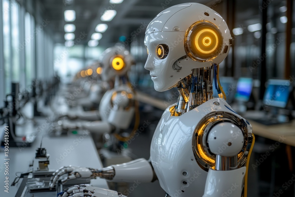 Poster Robots engaged in computing tasks in a modern technology workspace during daylight hours