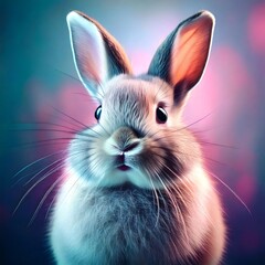 Obraz premium Adorable fluffy bunny posing on vibrant neon background