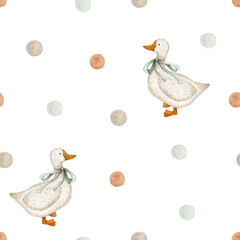 Watercolor seamless pattern with goose in bow and polka dot. Isolated on white background. Hand drawn clipart. Perfect for card, fabric, tags, invitation, printing, wrapping. © Karina Martirosova
