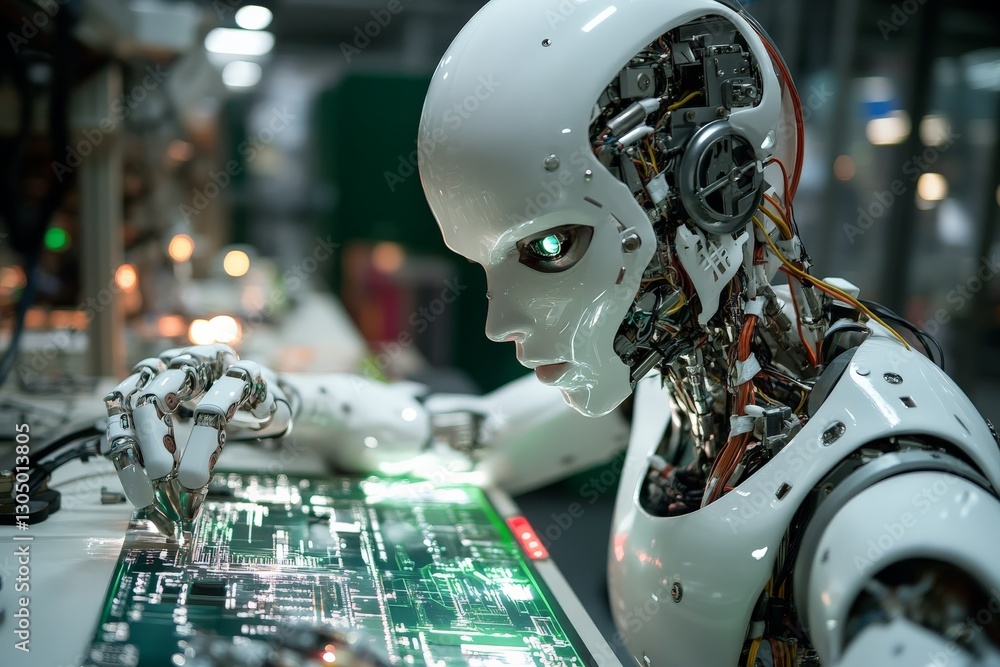 Poster robot assembly in a high-tech laboratory focused on advanced technology and electronics on a busy wo