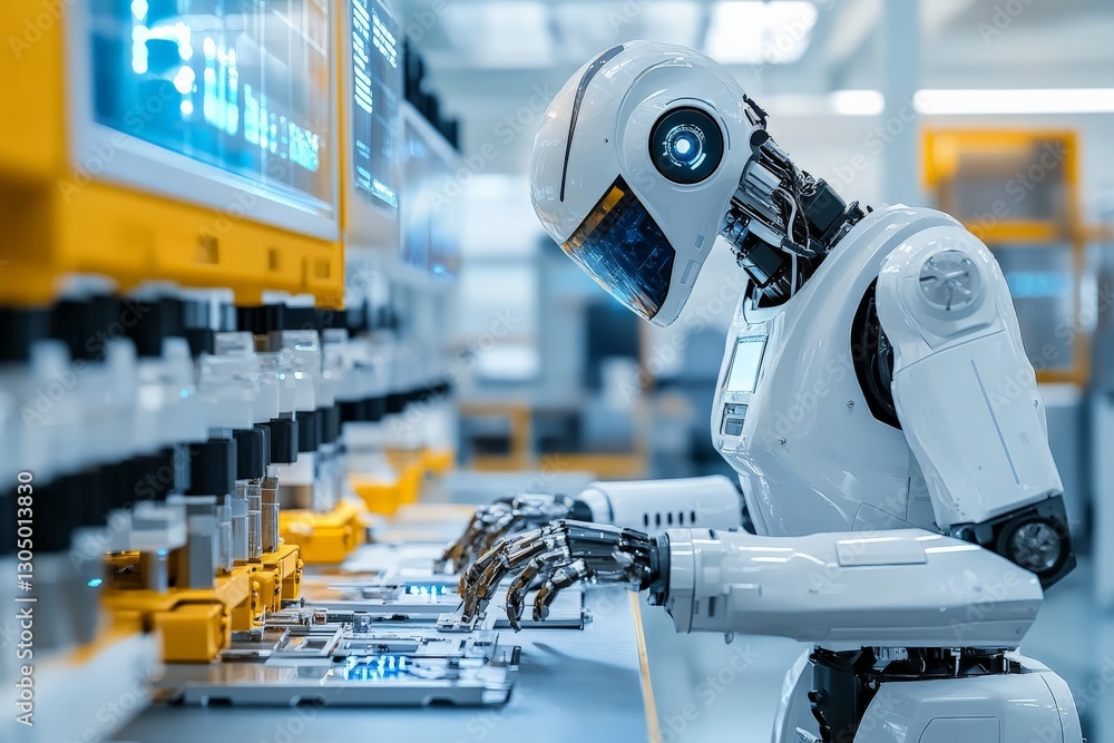 Poster robot technician operating machinery in a high-tech manufacturing facility during daytime