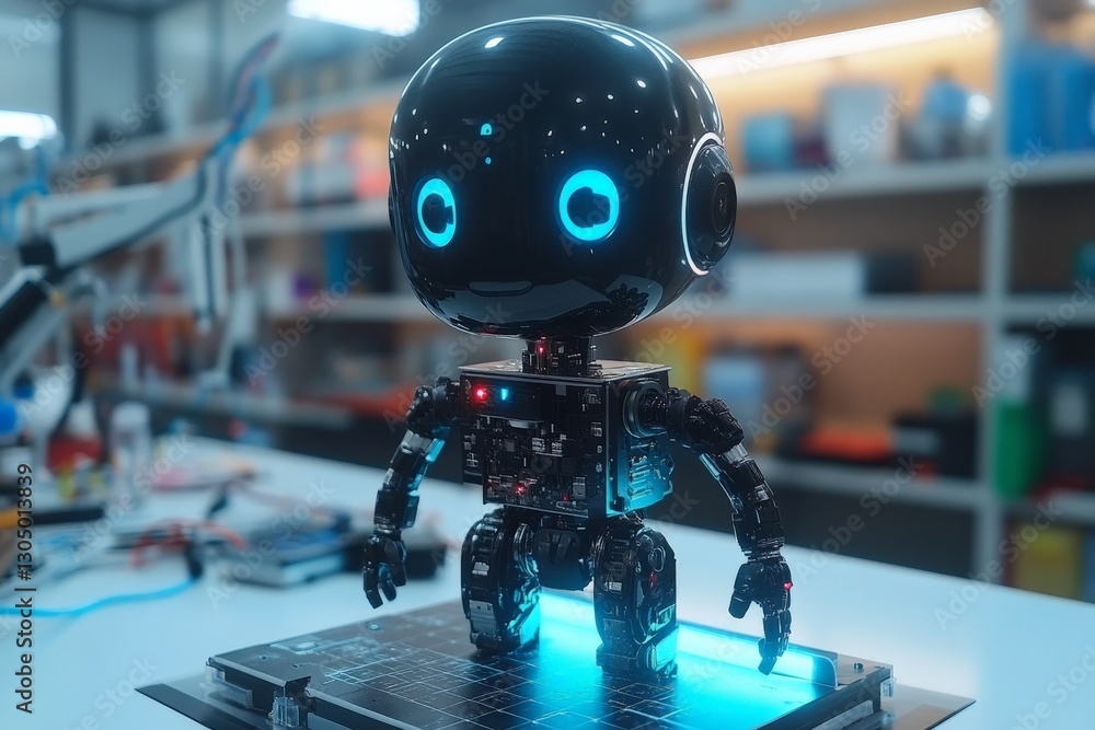 Aufkleber Innovative robot with glowing features stands on a tech workstation in a modern laboratory during daytime