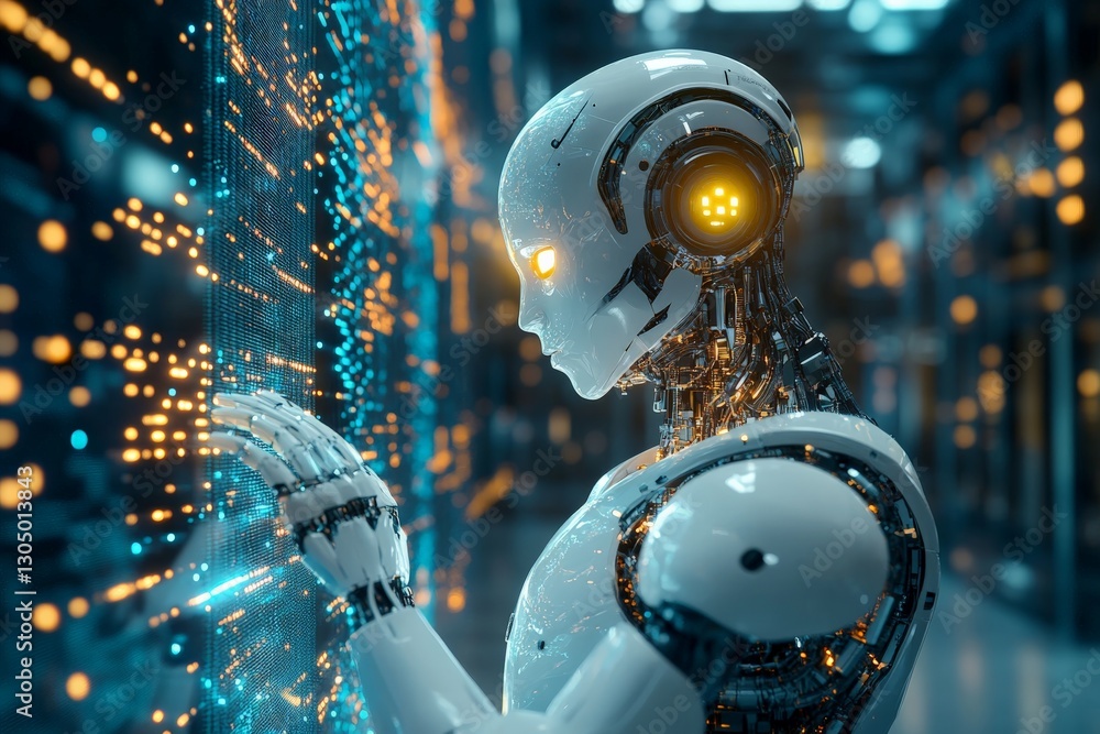 Aufkleber Futuristic robot interacting with a glowing data display in a high-tech environment