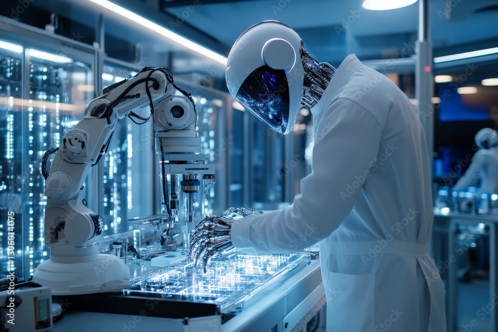 Poster advanced robot working meticulously in a high-tech laboratory setting during a futuristic research s