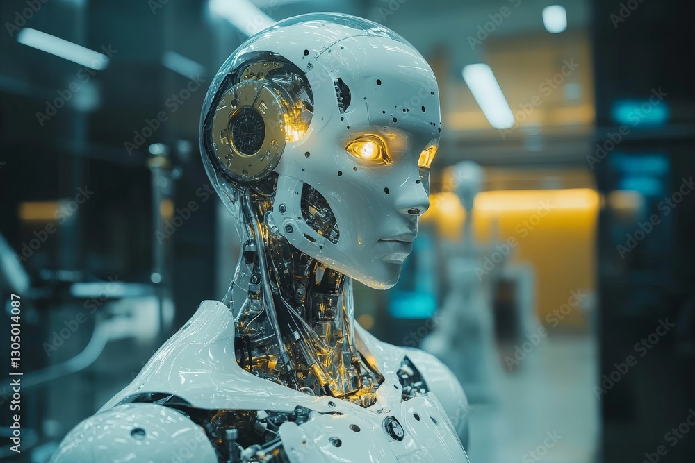 Aufkleber Sophisticated humanoid robot showcasing advanced technology in a modern laboratory setting filled with intricate machinery