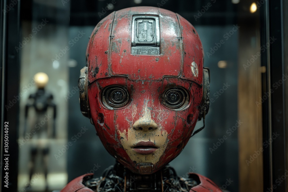 Poster robot with a vintage red helmet displays intricate details in a modern exhibit setting