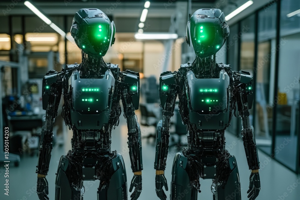 Poster robots with glowing features showcasing advanced technology in a modern development environment